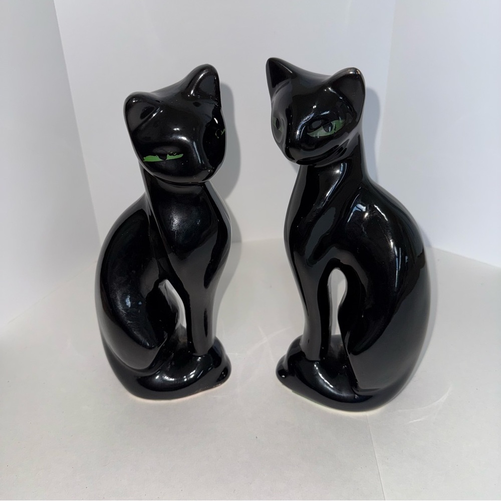 MCM Black Ceramic Cats with Green Eyes Made in Taiwan‎ Mid Century Retro Vintage